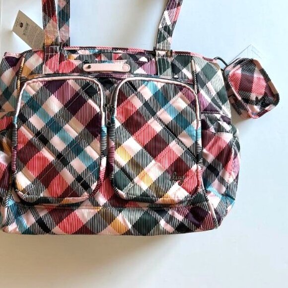 Lug Trotter Tote Bag Pink Plaid with matching Lug Drizzle Mini Zip Storage Pouch - Picture 7 of 16